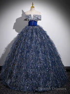 Unique A-Line Shiny Sequin Blue Long Prom Gown, Blue Long Evening Dress