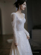 Unique A Line Square Neckline Sequin Pleats Long Sleeves Wedding Dresses