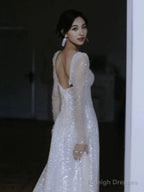 Unique A Line Square Neckline Sequin Pleats Long Sleeves Wedding Dresses