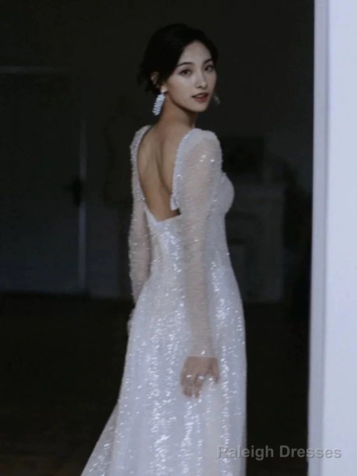 Unique A-Line Square Neckline Sequin Pleats Long Sleeves Wedding Dress