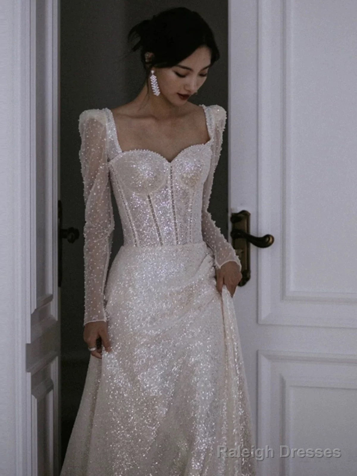 Unique A-Line Square Neckline Sequin Pleats Long Sleeves Wedding Dress Main image