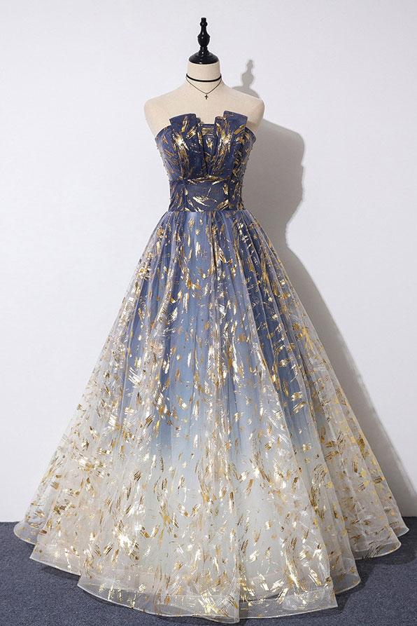 Unique A-Line Strapless Ombre Prom Dresses Long Stunning Prom Dress
