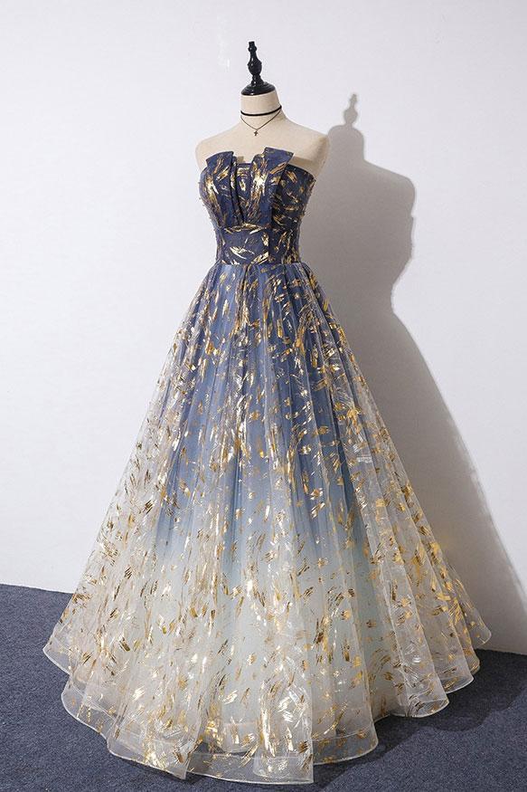 Unique A-Line Strapless Ombre Prom Dresses Long Stunning Prom Dress