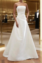 Unique A Line Strapless Satin White Wedding Dresses Brides Dress