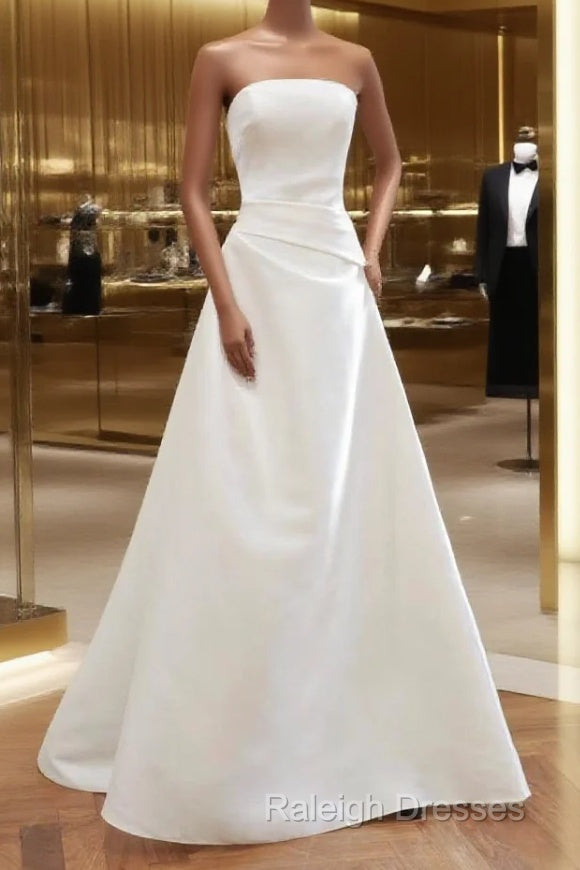 Unique A Line Strapless Satin White Wedding Dresses Brides Dress