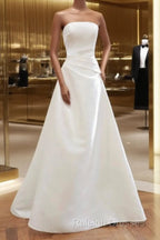 Unique A-Line Strapless Satin White Wedding Dress Brides Dresses
