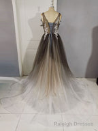 Unique A line V Neck Tulle Lace Long Prom Dress, Tulle Formal Dress