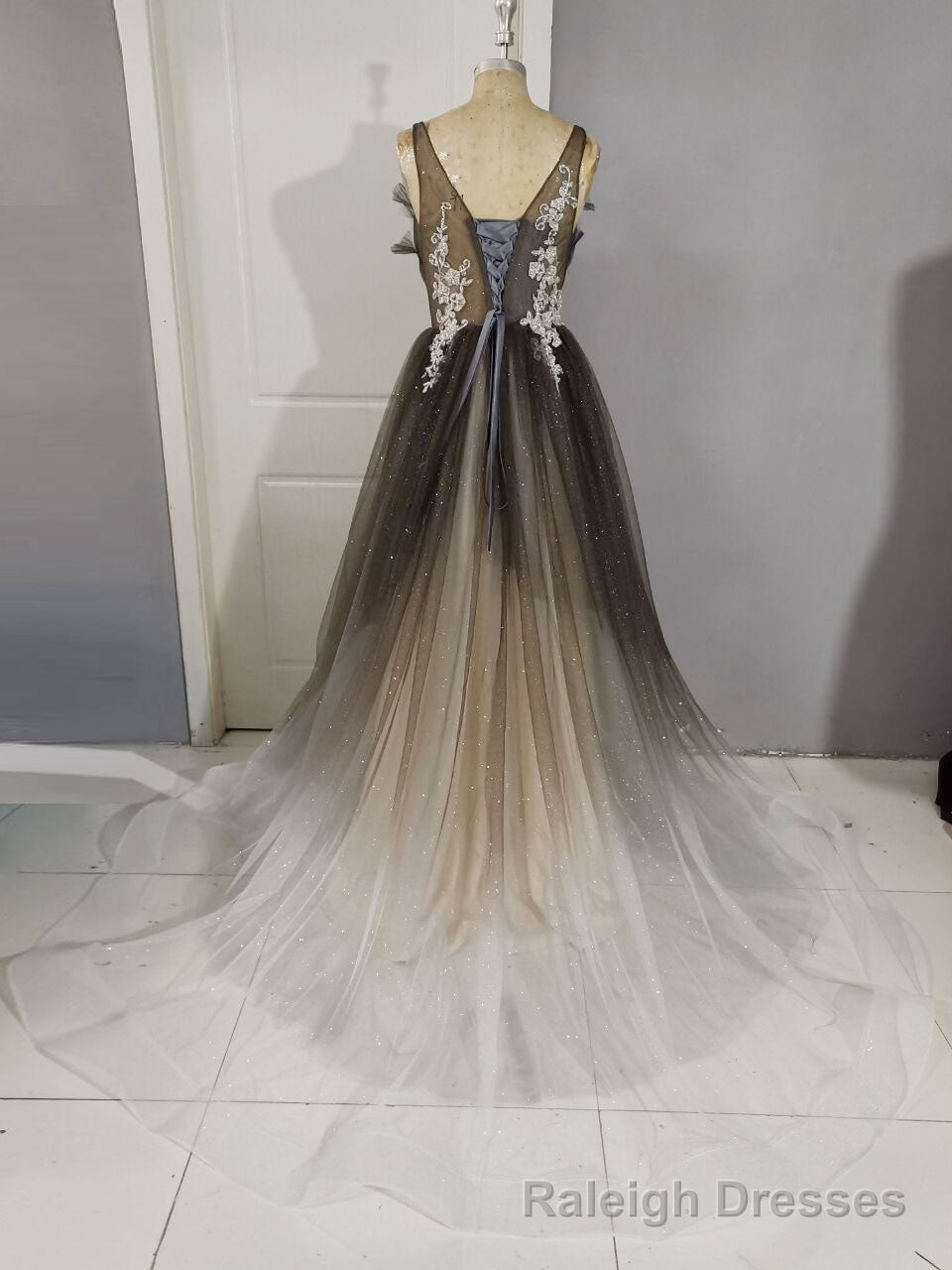 Unique A line V Neck Tulle Lace Long Prom Dress, Tulle Formal Dress