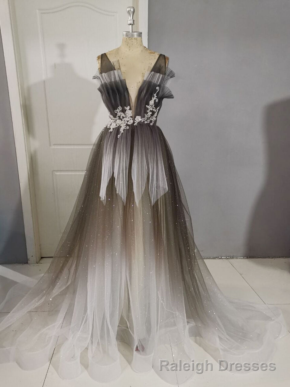 Unique A line V Neck Tulle Lace Long Prom Dress, Tulle Formal Dress Main image