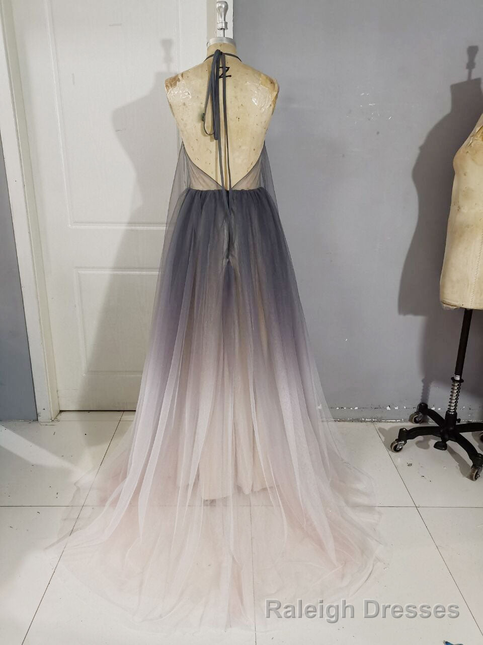 Unique A line V Neck Tulle Long Prom Dress, Tulle Evening Dress