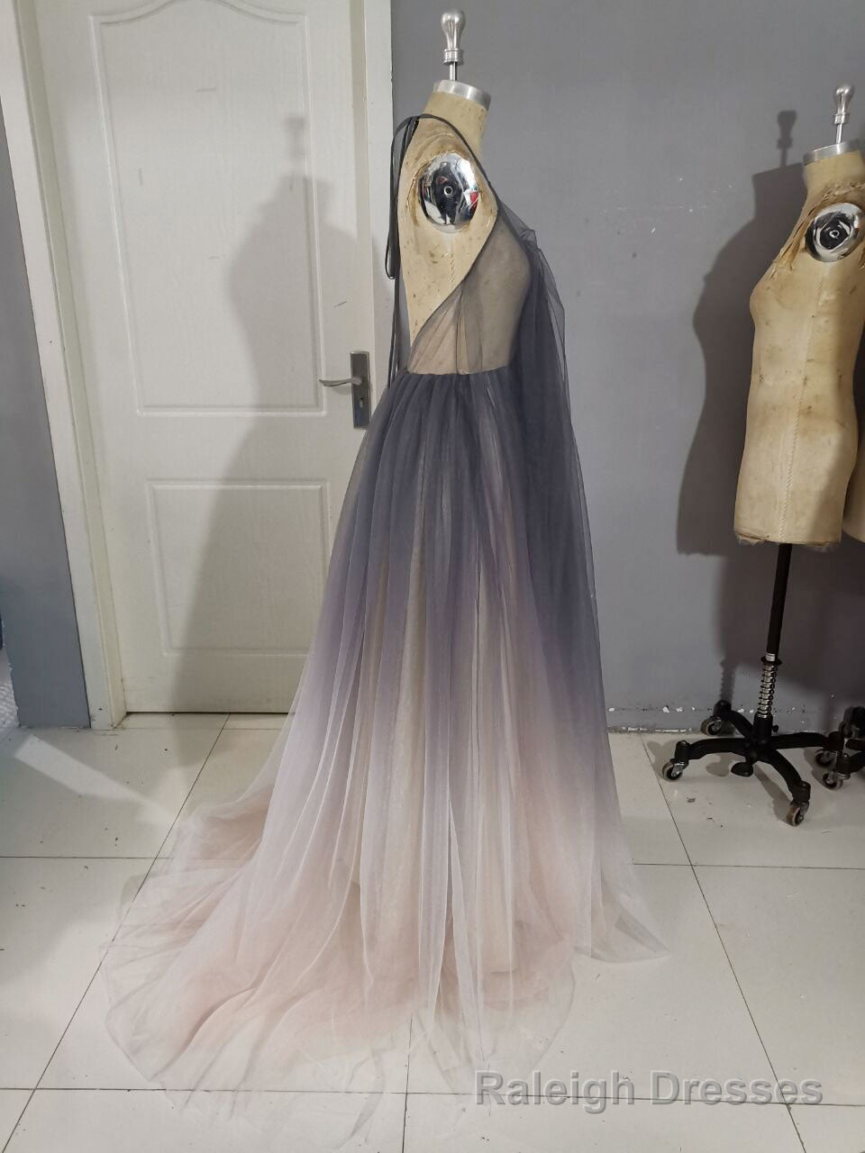 Unique A line V Neck Tulle Long Prom Dress, Tulle Evening Dress Secondary image