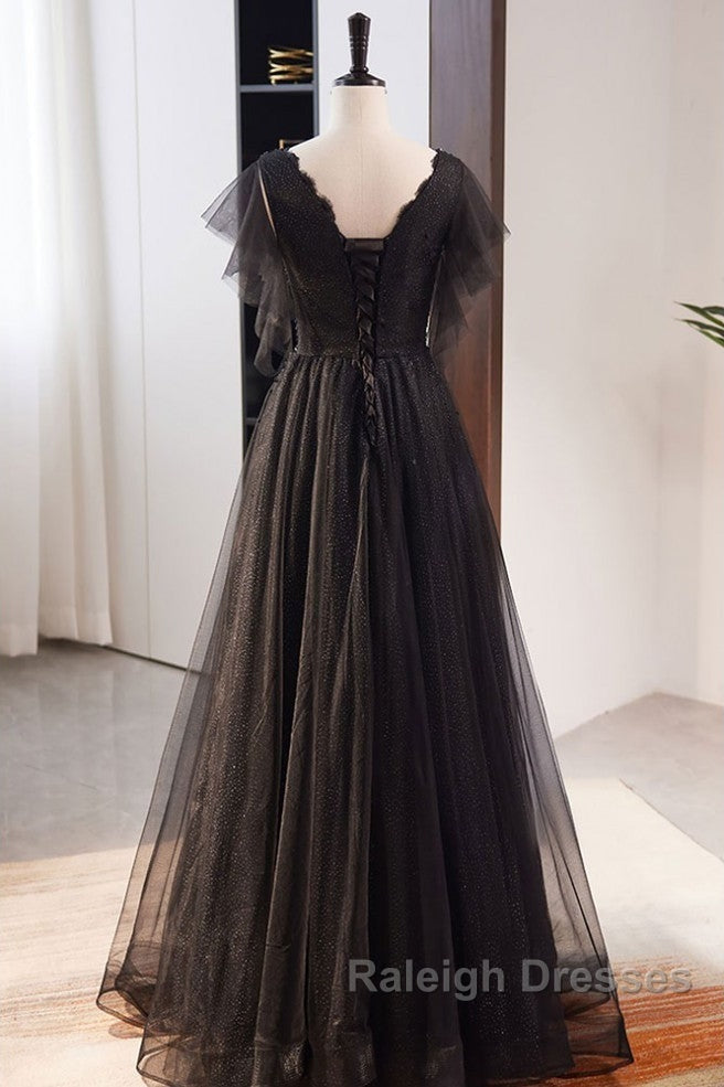 Unique And Beautiful Black Beaded Short Sleeved Sequin Ball Dresses With Black A-Shaped Princess V-Neck Backless Chiffon And Floor Length Prom Dresses
