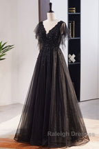 Unique And Beautiful Black Beaded Short Sleeved Sequin Ball Dress With Black A-Shaped Princess V-Neck Backless Chiffon And Floor Length Evening Dress