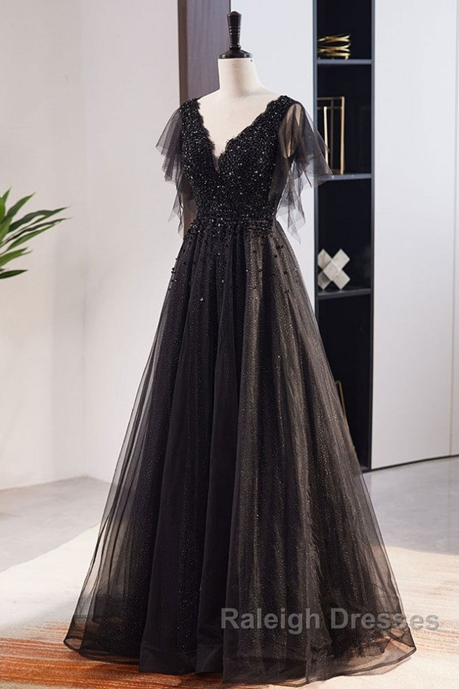 Unique And Beautiful Black Beaded Short Sleeved Sequin Ball Dresses With Black A-Shaped Princess V-Neck Backless Chiffon And Floor Length Prom Dresses