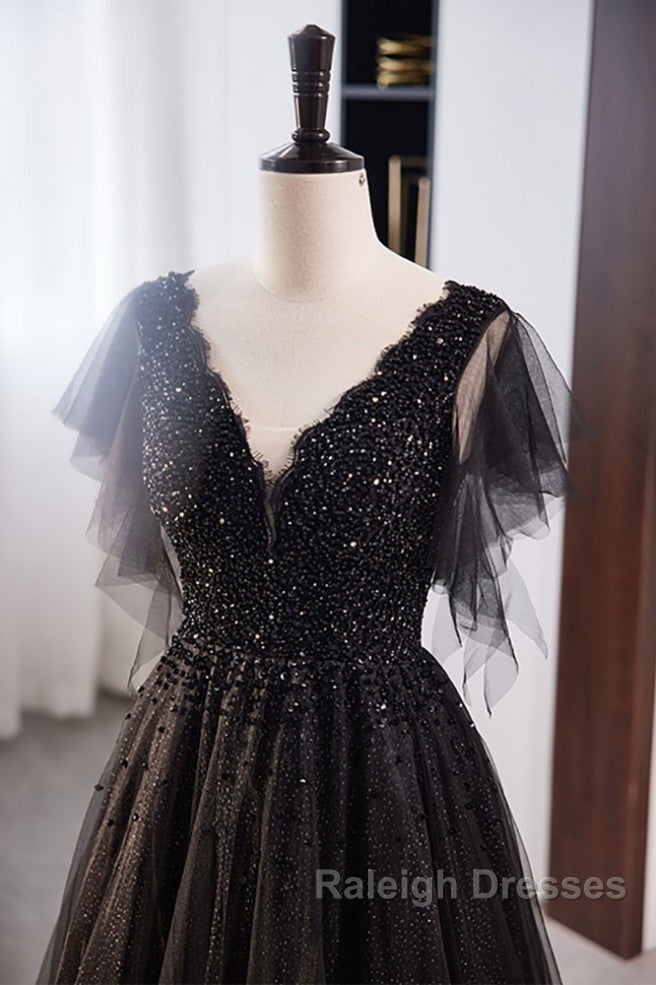 Unique And Beautiful Black Beaded Short Sleeved Sequin Ball Dresses With Black A-Shaped Princess V-Neck Backless Chiffon And Floor Length Prom Dresses