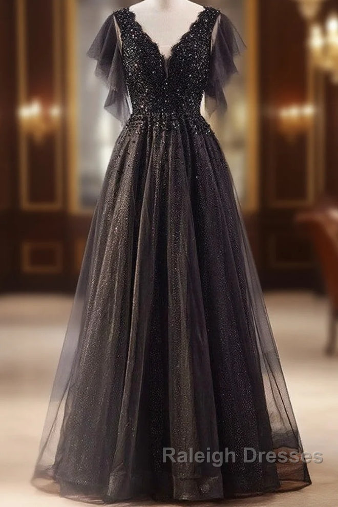 Unique And Beautiful Black Beaded Short Sleeved Sequin Ball Dresses With Black A-Shaped Princess V-Neck Backless Chiffon And Floor Length Prom Dresses