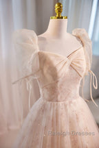 Unique And Beautiful Champagne Sequin Square Neck Fluffy Short Sleeved Ball Dresses Champagne A-Shaped Princess Backless Strap And Floor Length Prom Dresses