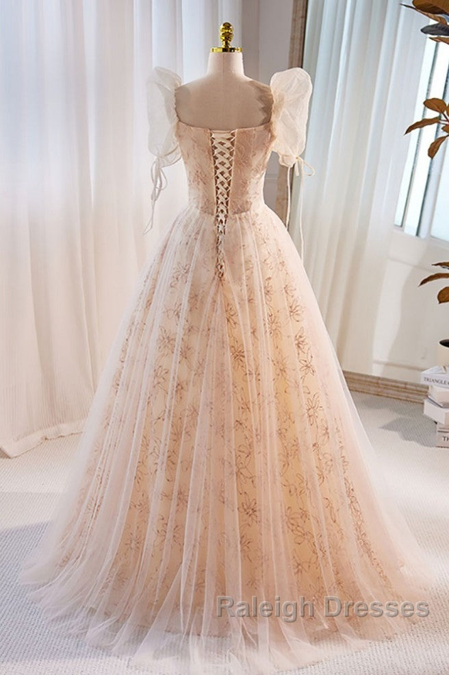 Unique And Beautiful Champagne Sequin Square Neck Fluffy Short Sleeved Ball Dress Champagne A-Shaped Princess Backless Strap And Floor Length Evening Dress