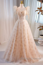 Unique And Beautiful Champagne Sequin Square Neck Fluffy Short Sleeved Ball Dresses Champagne A-Shaped Princess Backless Strap And Floor Length Prom Dresses