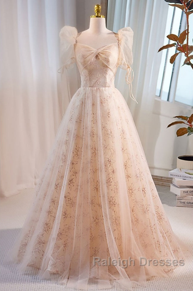 Unique And Beautiful Champagne Sequin Square Neck Fluffy Short Sleeved Ball Dresses Champagne A-Shaped Princess Backless Strap And Floor Length Prom Dresses