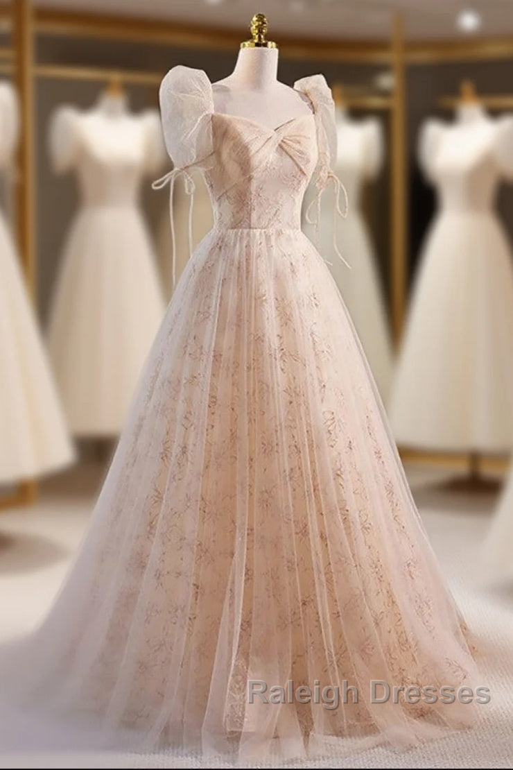 Unique And Beautiful Champagne Sequin Square Neck Fluffy Short Sleeved Ball Dresses Champagne A-Shaped Princess Backless Strap And Floor Length Prom Dresses