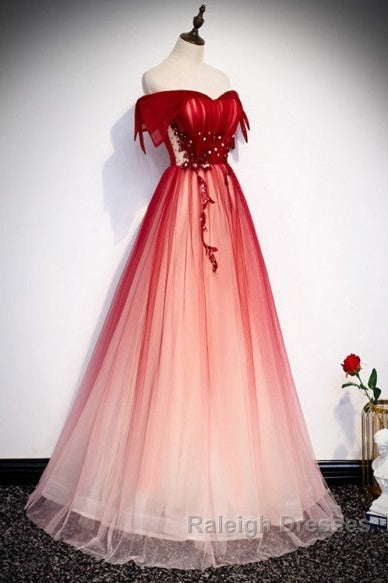 Unique And Beautiful Gradient Red Off Shoulder Short Sleeved Beaded Prom Dresses Gradient Red A-Line Princess Strapless Backless Strap And Ground Length Prom Dresses Secondary image