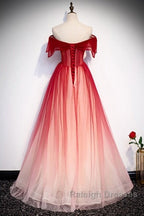 Unique And Beautiful Gradient Red Off Shoulder Short Sleeved Beaded Prom Dresses Gradient Red A-Line Princess Strapless Backless Strap And Ground Length Prom Dresses