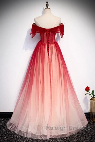 Unique And Beautiful Gradient Red Off Shoulder Short Sleeved Beaded Prom Dresses Gradient Red A-Line Princess Strapless Backless Strap And Ground Length Prom Dresses