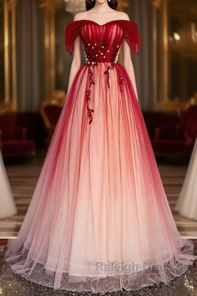 Unique And Beautiful Gradient Red Off Shoulder Short Sleeved Beaded Evening Dress Gradient Red A-Line Princess Strapless Backless Strap And Ground Length Evening Dress
