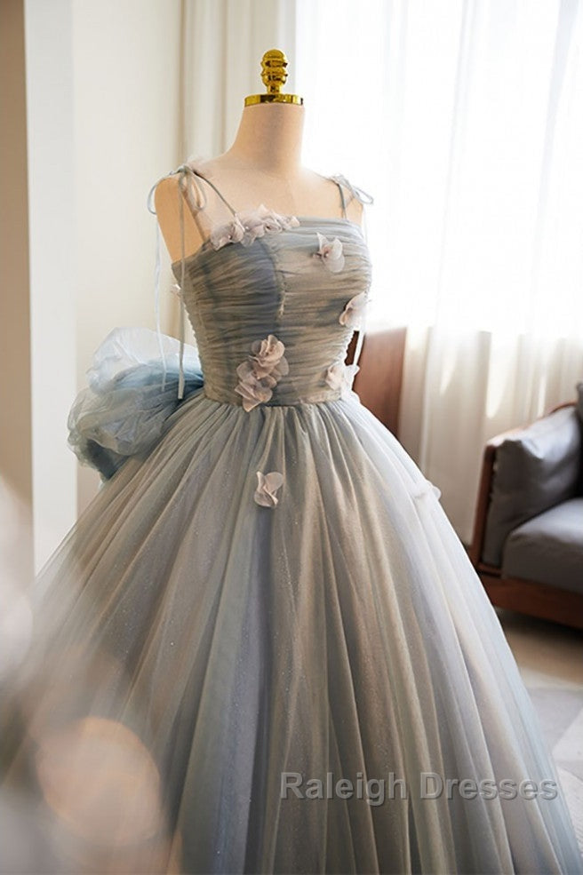 Unique And Beautiful Gray Sticker Sleeveless Off The Shoulder Ball Dress, Gray A-Line Princess Sheer Thin Shoulder Strap, Backless Tie Bow And Ground Length Prom Dress