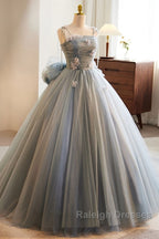 Unique And Beautiful Gray Sticker Sleeveless Off The Shoulder Ball Dress, Gray A-Line Princess Sheer Thin Shoulder Strap, Backless Tie Bow And Ground Length Prom Dress