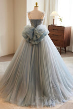 Unique And Beautiful Gray Sticker Sleeveless Off The Shoulder Ball Dress, Gray A-Line Princess Sheer Thin Shoulder Strap, Backless Tie Bow And Ground Length Prom Dress