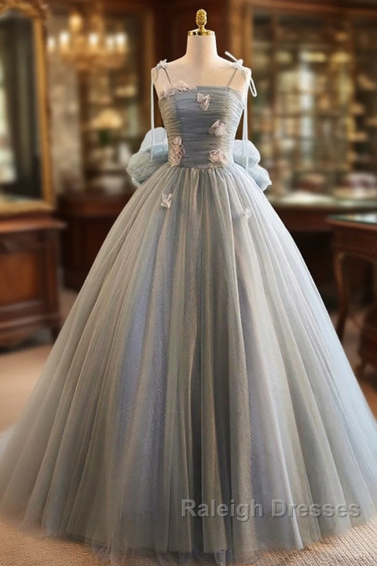 Unique And Beautiful Gray Sticker Sleeveless Off The Shoulder Ball Dress, Gray A-Line Princess Sheer Thin Shoulder Strap, Backless Tie Bow And Ground Length Prom Dress