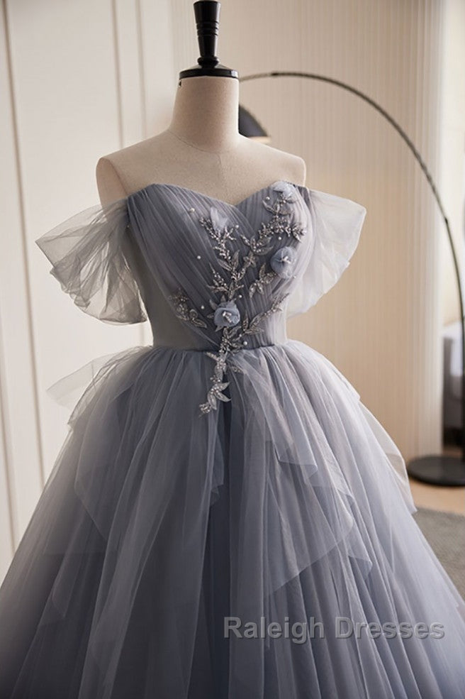 Unique And Beautiful Silver Gray Beaded Pearl Sequins Off The Shoulder Sleeveless Decal Pleated Ball Dress Silver Gray A-Shaped Thin Gauze Pong Truffle Back Strap And Ground Length Prom Dress