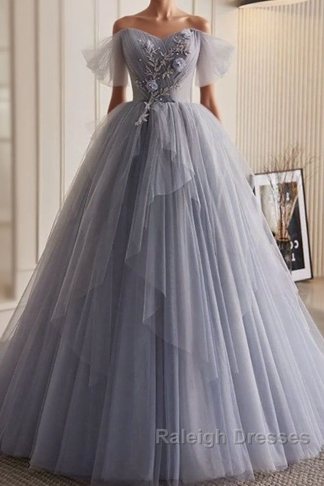 Unique And Beautiful Silver Gray Beaded Pearl Sequins Off The Shoulder Sleeveless Decal Pleated Ball Dress Silver Gray A-Shaped Thin Gauze Pong Truffle Back Strap And Ground Length Prom Dress Main image