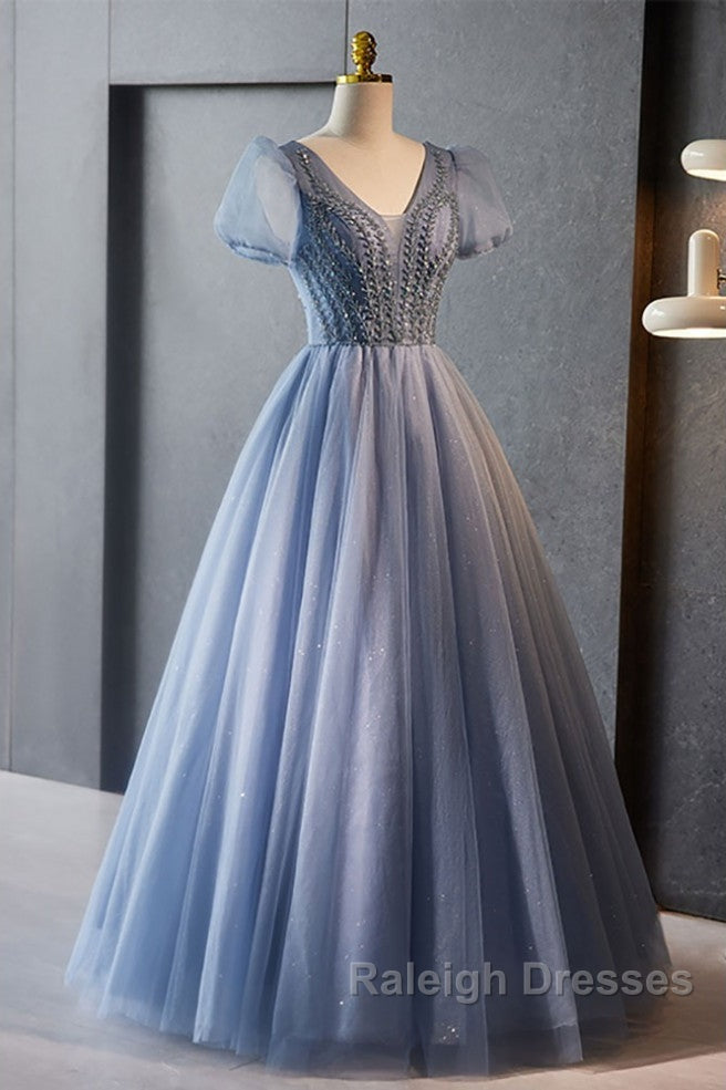 Unique And Beautiful Sky Blue Beaded Rhinestone Fluffy Short Sleeved Ball Dresses With Sky Blue A-Shaped Princess V-Neck Backless Strap And Ground Length Prom Dresses