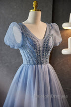 Unique And Beautiful Sky Blue Beaded Rhinestone Fluffy Short Sleeved Ball Dresses With Sky Blue A-Shaped Princess V-Neck Backless Strap And Ground Length Prom Dresses
