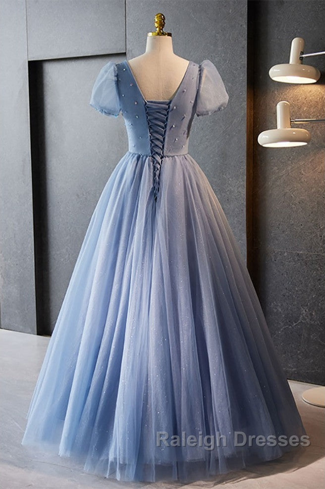Unique And Beautiful Sky Blue Beaded Rhinestone Fluffy Short Sleeved Ball Dresses With Sky Blue A-Shaped Princess V-Neck Backless Strap And Ground Length Prom Dresses