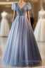 Unique And Beautiful Sky Blue Beaded Rhinestone Fluffy Short Sleeved Ball Dresses With Sky Blue A-Shaped Princess V-Neck Backless Strap And Ground Length Prom Dresses