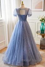 Unique And Beautiful Sky Blue Low Round Neck Short Sleeved Beaded Sequin Ball Dresses With Sky Blue A-line Backless Strap And Ground Length Prom Dresses