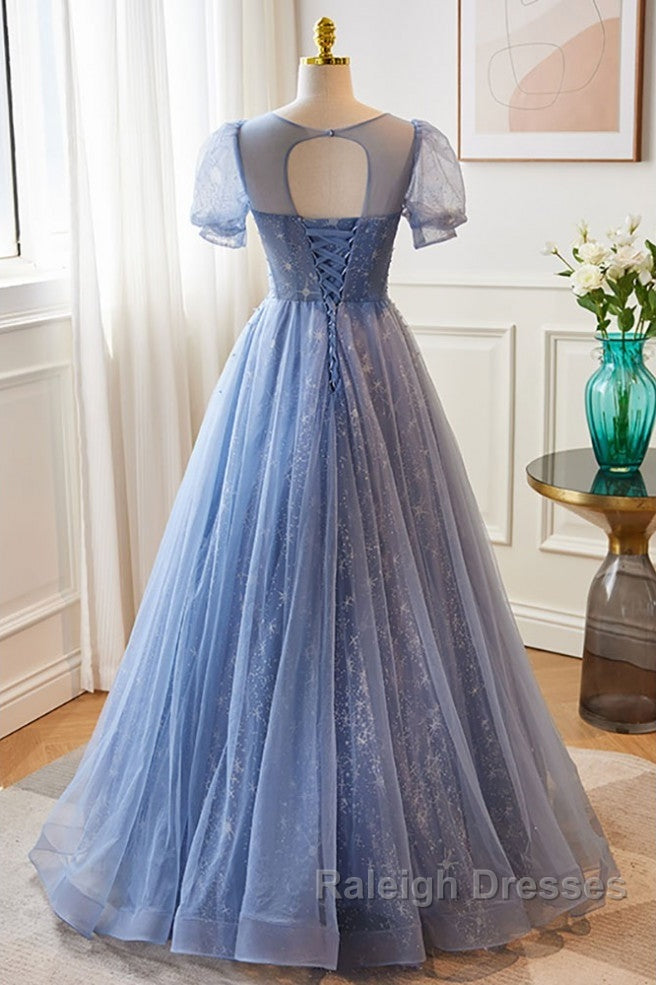 Unique And Beautiful Sky Blue Low Round Neck Short Sleeved Beaded Sequin Ball Dresses With Sky Blue A-line Backless Strap And Ground Length Prom Dresses