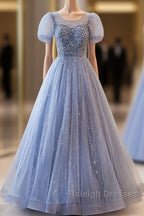 Unique And Beautiful Sky Blue Low Round Neck Short Sleeved Beaded Sequin Ball Dresses With Sky Blue A-line Backless Strap And Ground Length Prom Dresses