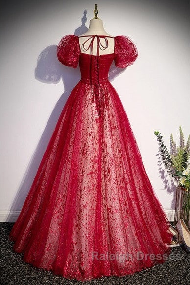 Unique And Beautiful Wine Red Sequin Square Neckline Short Sleeved Ball Dresses Wine Red A-Shaped/Princess Fluffy Backless Tie Bow And Floor Length Prom Dresses Secondary image