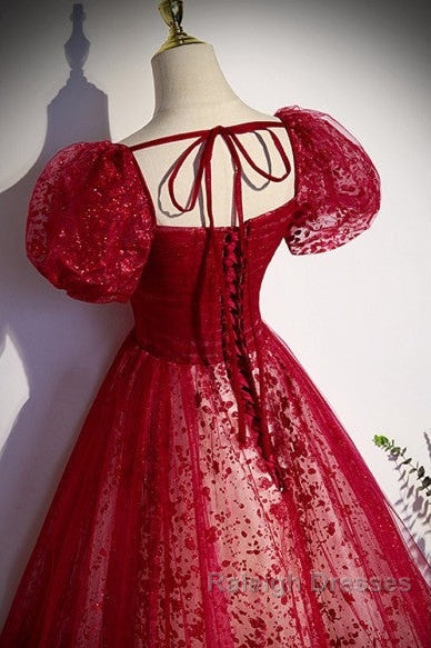 Unique And Beautiful Wine Red Sequin Square Neckline Short Sleeved Ball Dresses Wine Red A-Shaped/Princess Fluffy Backless Tie Bow And Floor Length Prom Dresses