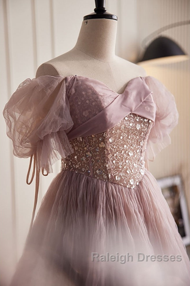Unique And Elegant Dark Pink Sequin Off The Shoulder Short Sleeved Ball Dresses Dark Pink A-Line Princess Glitter Beaded Backless And Ground Length Prom Dresses