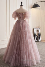 Unique And Elegant Dark Pink Sequin Off The Shoulder Short Sleeved Ball Dresses Dark Pink A-Line Princess Glitter Beaded Backless And Ground Length Prom Dresses