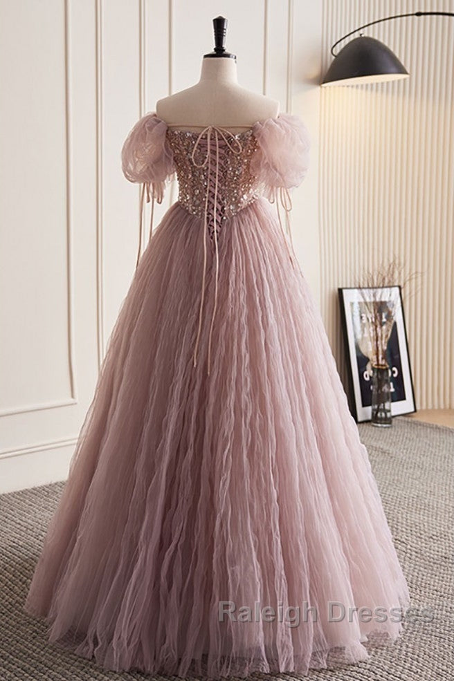 Unique And Elegant Dark Pink Sequin Off The Shoulder Short Sleeved Ball Dresses Dark Pink A-Line Princess Glitter Beaded Backless And Ground Length Prom Dresses