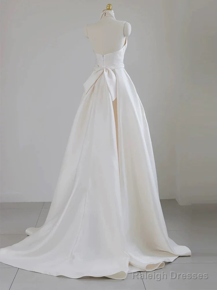 Unique Ball Gowns Halter Neckline Satin Pleats White Wedding Dress Secondary image