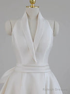 Unique Ball Gown Halter Neckline Satin Pleats White Wedding Dresses
