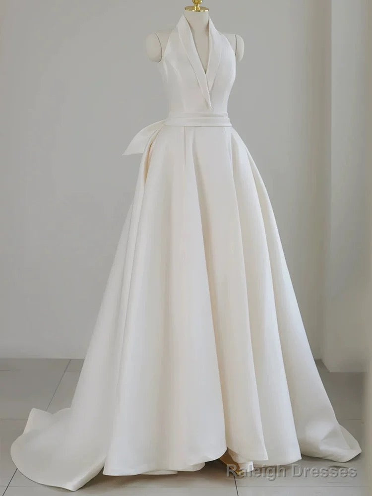 Unique Ball Gown Halter Neckline Satin Pleats White Wedding Dresses